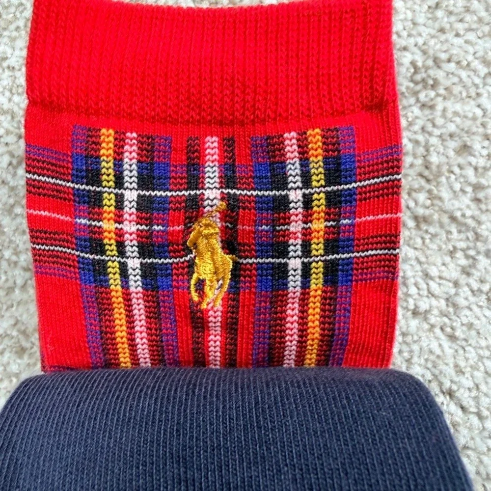 Polo Ralph Lauren Boys 3 Pack Crew Socks Polo Bear Plaid Tartan Navy Red 9-11